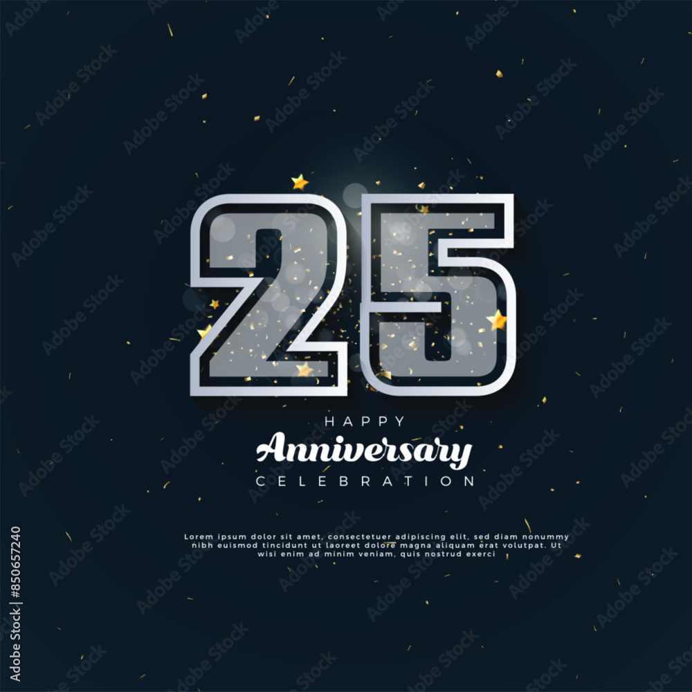 25th Anniversary celebration, 25 Anniversary celebration in black BG, stars, glitters and ribbons, festive illustration, white number 25 sparkling confetti, 25,26
25th Anniversary celebration, 25 Anniversary celebration in black BG, stars, glitters and ribbons, festive illustration, white number 25 sparkling confetti, 25,26