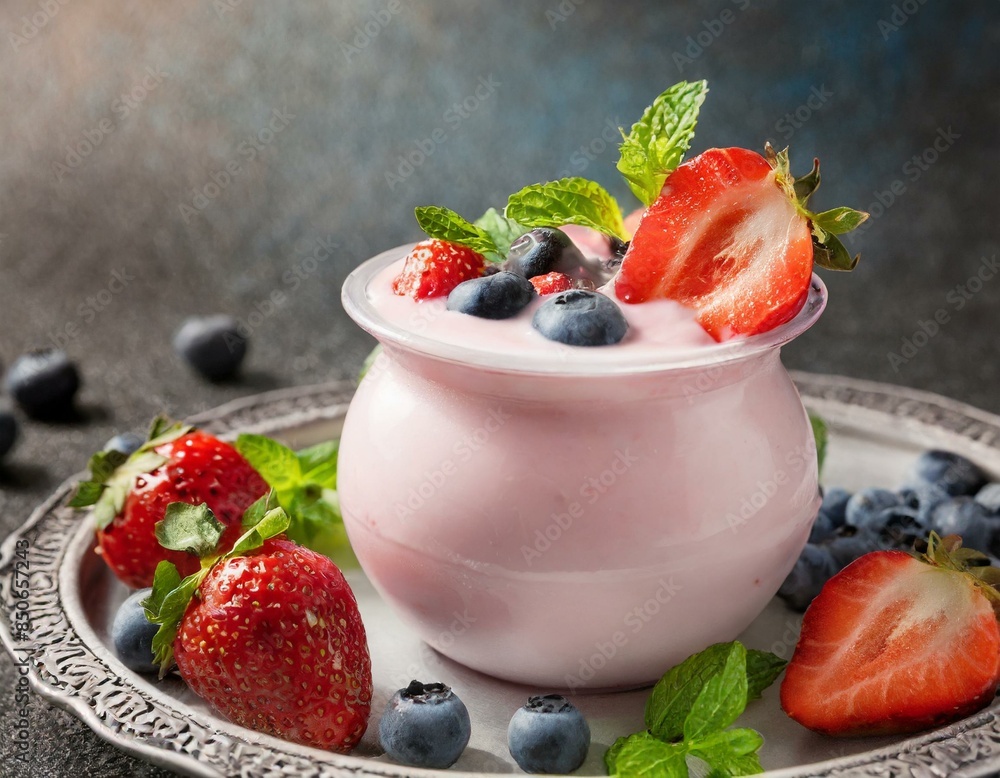 Rosa Joghurt mit Erdbeeren, Heidelbeeren und Minze Rosa Joghurt mit Erdbeeren, Heidelbeeren und Minze