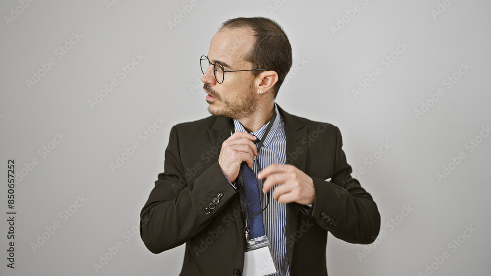 A professional man adjusting his tie in front of a white background displaying confidence and readiness for business. A professional man adjusting his tie in front of a white background displaying confidence and readiness for business.