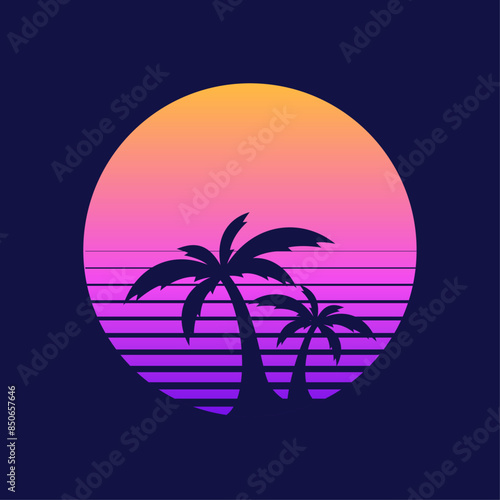 Vintage sunset graphic. Sunset in 80s or 90s style. Geometric style. Palm trees in the shape of circle. Vector illustration