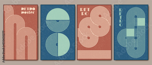 Set of retro aesthetic posters, covers, cards, wall art compositions. Warm colors. 60s, 70s nostalgia design. Geometric abstract line forms, spripes.