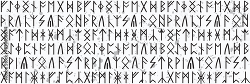 Anglo-Saxon runic seamless pattern in grunge style. Norse gothic folk art. Ancient viking background with futhark pagan symbols. Ethnic repeatable wallpaper.
