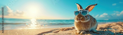 A cool bunny wearing sunglasses sits on a sandy beach under the bright sun photo