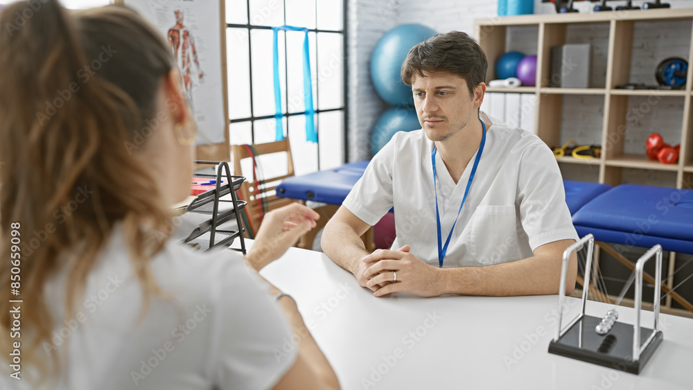 Fototapeta premium A male therapist listens attentively to a female patient in a well-equipped physiotherapy clinic.