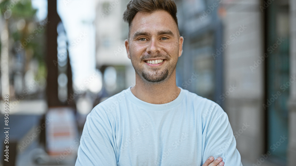Portrait of a smiling young hispanic man with a beard, standing confidently on a bustling city street. Portrait of a smiling young hispanic man with a beard, standing confidently on a bustling city street.