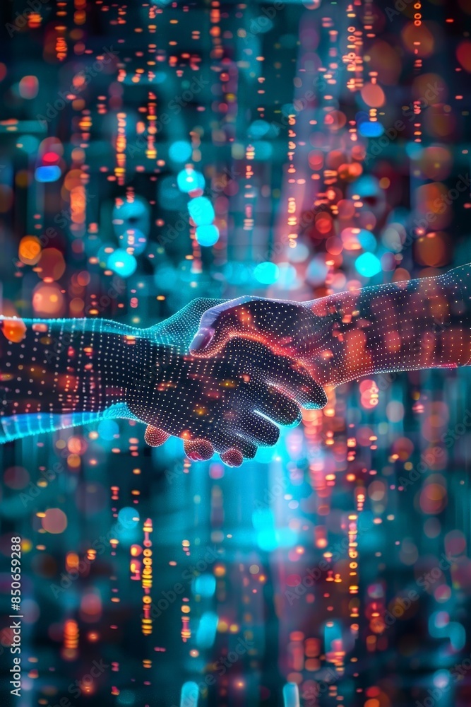 Vivid Virtual Reality Business Deal - Futuristic Handshake with Neon Digital Avatars in 3D Illustration Vivid Virtual Reality Business Deal - Futuristic Handshake with Neon Digital Avatars in 3D Illustration