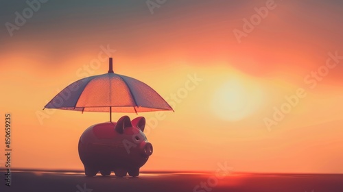 Simple and elegant composition of a piggy bank and umbrella with a gradient sunset sky, allowing for text placement related to financial security and insurance coverag photo
