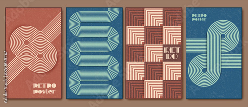 Set of retro aesthetic posters, covers, cards, wall art compositions. Warm colors. 60s, 70s nostalgia design. Geometric abstract line forms, spripes.