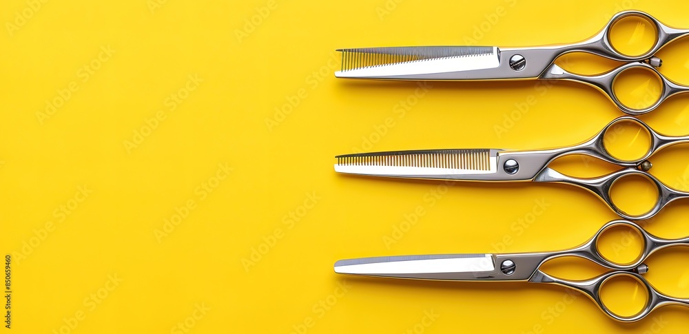 Three metal hair scissors on a yellow background Three metal hair scissors on a yellow background