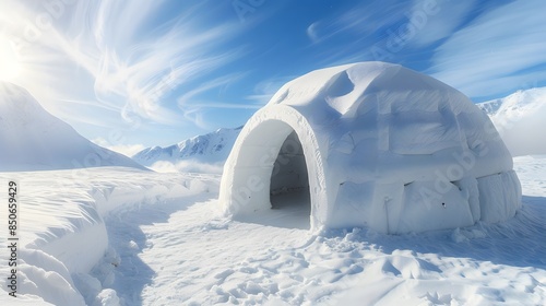 Traditional igloo, reflecting the ingenious architecture of the Inuit people in the Arctic regions. Dome-shaped house made of compacted snow blocks, with an entrance tunnel