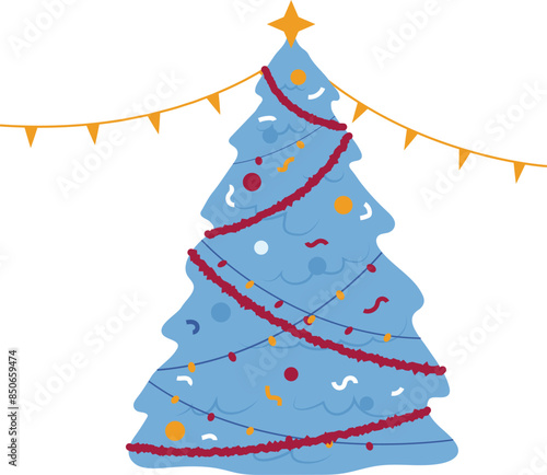 Cartoon Christmas tree decorated colorful ornaments garland. Festive pine star top bunting background. Holiday celebration illustration isolated white background