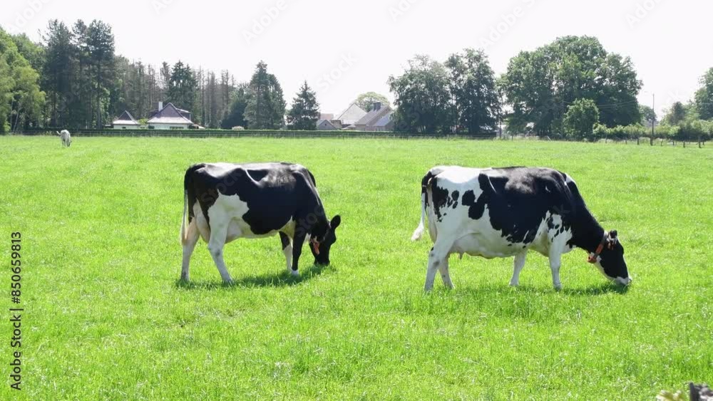 Black and white Holstein Friesian cows in Belgium grazes on a pasture with green grass, breed of high productivity dairy cattle. High quality 4k footage Black and white Holstein Friesian cows in Belgium grazes on a pasture with green grass, breed of high productivity dairy cattle. High quality 4k footage