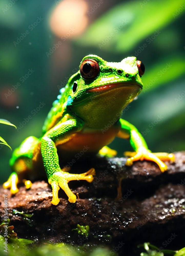 A bright green frog is sitting on a rock in a rainforest. The frog has red eyes and yellow feet. The rock is covered in moss. The background is a blur of green leaves. A bright green frog is sitting on a rock in a rainforest. The frog has red eyes and yellow feet. The rock is covered in moss. The background is a blur of green leaves.
