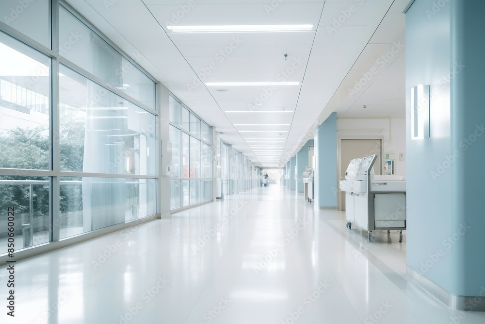 Bright Hospital Corridor With Modern Medical Equipment And Large Windows Allowing Natural Light. Generative AI Bright Hospital Corridor With Modern Medical Equipment And Large Windows Allowing Natural Light. Generative AI