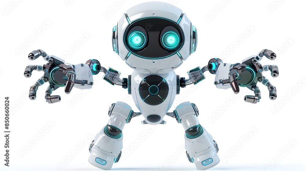 Detailed of a Small Medical Robot with Extended Arms on White Background Detailed of a Small Medical Robot with Extended Arms on White Background