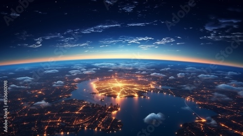 Panoramic view on planet Earth globe from space. Glowing city lights, light clouds. photo