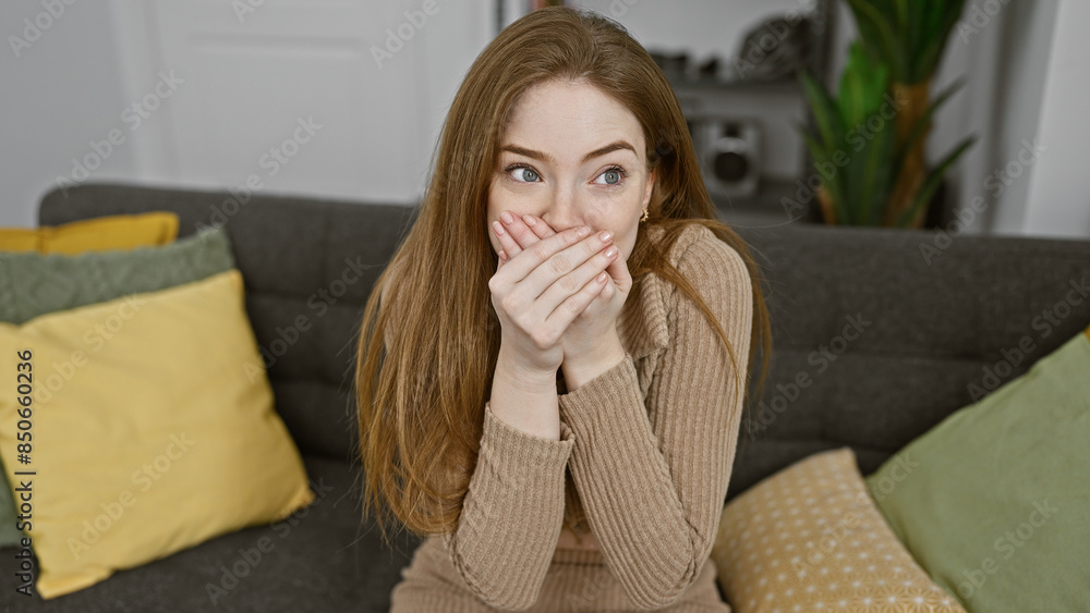 A surprised young caucasian woman covering her mouth with hands, sitting on a sofa in a cozy living room. A surprised young caucasian woman covering her mouth with hands, sitting on a sofa in a cozy living room.