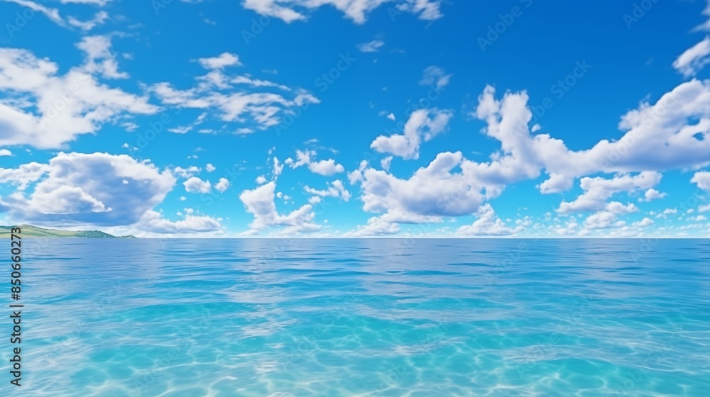 Peaceful Tropical Seascape with Turquoise Waters and Blue Skies. Summer Ocean Panorama with White Fluffy Clouds. Peaceful Tropical Seascape with Turquoise Waters and Blue Skies. Summer Ocean Panorama with White Fluffy Clouds.