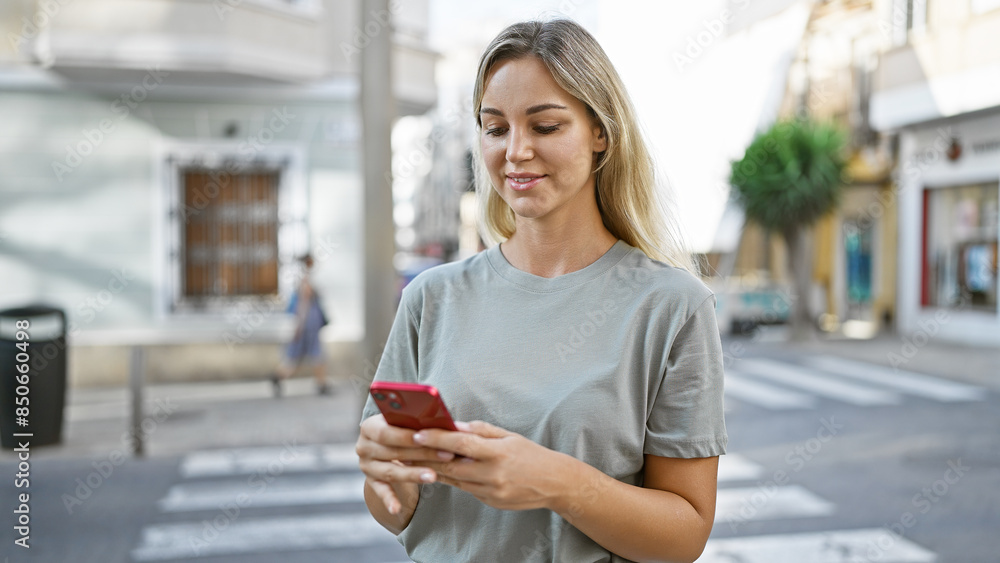 A young caucasian woman checks her smartphone on a vibrant city street. A young caucasian woman checks her smartphone on a vibrant city street.