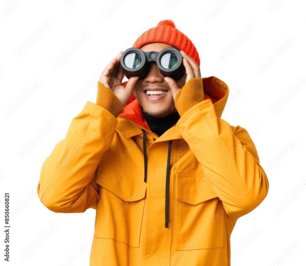 PNG man looking with binoculars. PNG man looking with binoculars.