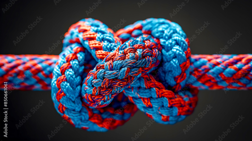 A thick multicolored Command rope of varying strength is stretched in different directions and tied in a knot. The concept of partnership, teamwork, unity and support. A thick multicolored Command rope of varying strength is stretched in different directions and tied in a knot. The concept of partnership, teamwork, unity and support.
