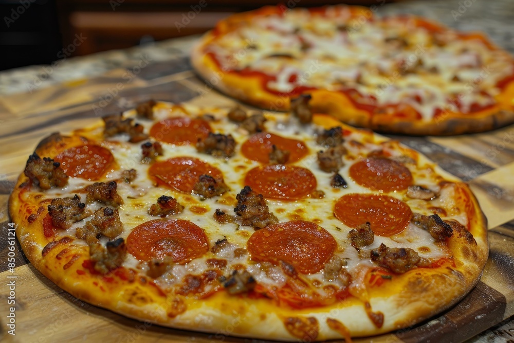 Freshly baked pizza with pepperoni, sausage, and cheese, served on a rustic wooden board Freshly baked pizza with pepperoni, sausage, and cheese, served on a rustic wooden board