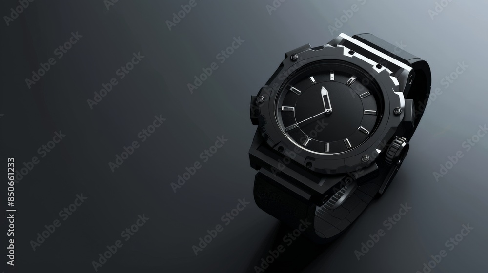 A black wristwatch with silver hands lies on a dark background A black wristwatch with silver hands lies on a dark background