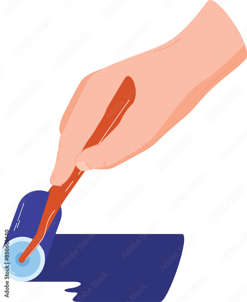 Hand painting blue stroke. Closeup hand blue paint stroke. Painter using applying paint canvas Hand painting blue stroke. Closeup hand blue paint stroke. Painter using applying paint canvas