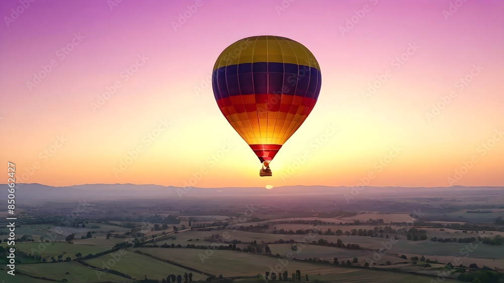 Soaring Hot Air Balloon in the Sunset Sky. A Beautiful Representation of Adventure and Travel. Soaring Hot Air Balloon in the Sunset Sky. A Beautiful Representation of Adventure and Travel.