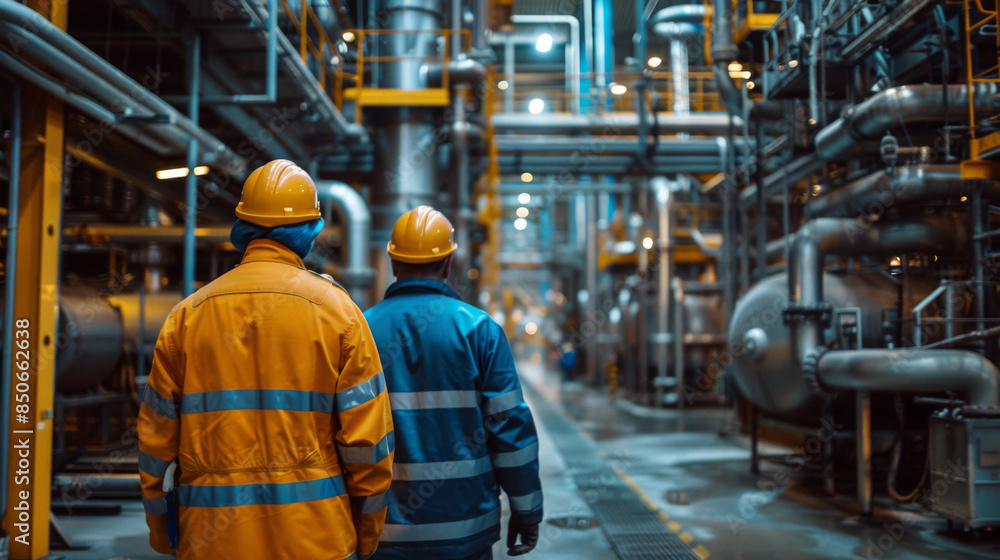 Two engineers in safety gear walking through a large industrial facility with pipes and machinery. Two engineers in safety gear walking through a large industrial facility with pipes and machinery.