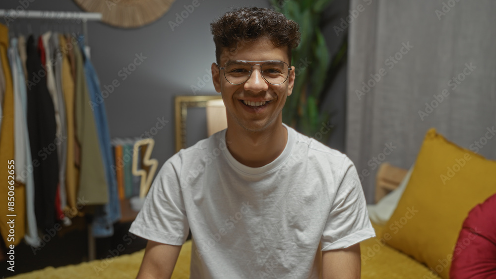 Obraz premium A handsome young hispanic man wearing glasses and a white shirt sits on a yellow bed in a cozy bedroom with modern interior decor.
