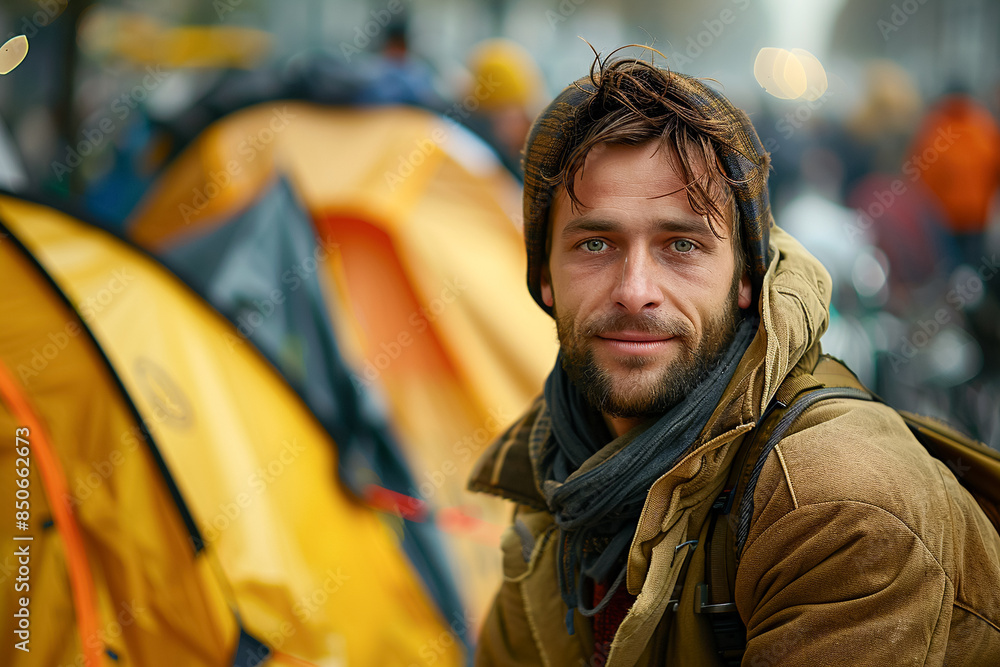 Homeless man in homeless camp, trash and garbage around, homeless person's daily struggle. Homeless man in homeless camp, trash and garbage around, homeless person's daily struggle.
