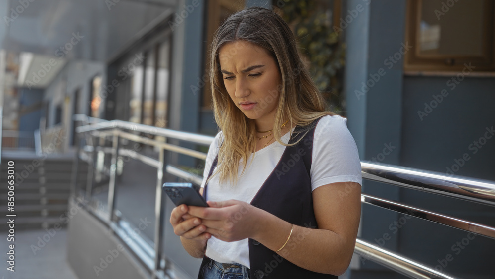 A young, attractive, blonde woman looks intently at her smartphone while standing outdoors in an urban town's street. A young, attractive, blonde woman looks intently at her smartphone while standing outdoors in an urban town's street.