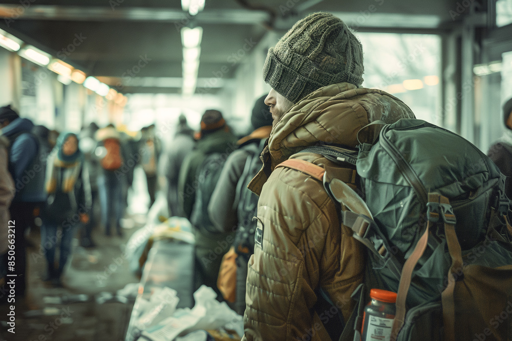Homeless man in shelter, affected by social and economic disaster, receiving assistance from giving hands. Homeless man in shelter, affected by social and economic disaster, receiving assistance from giving hands.