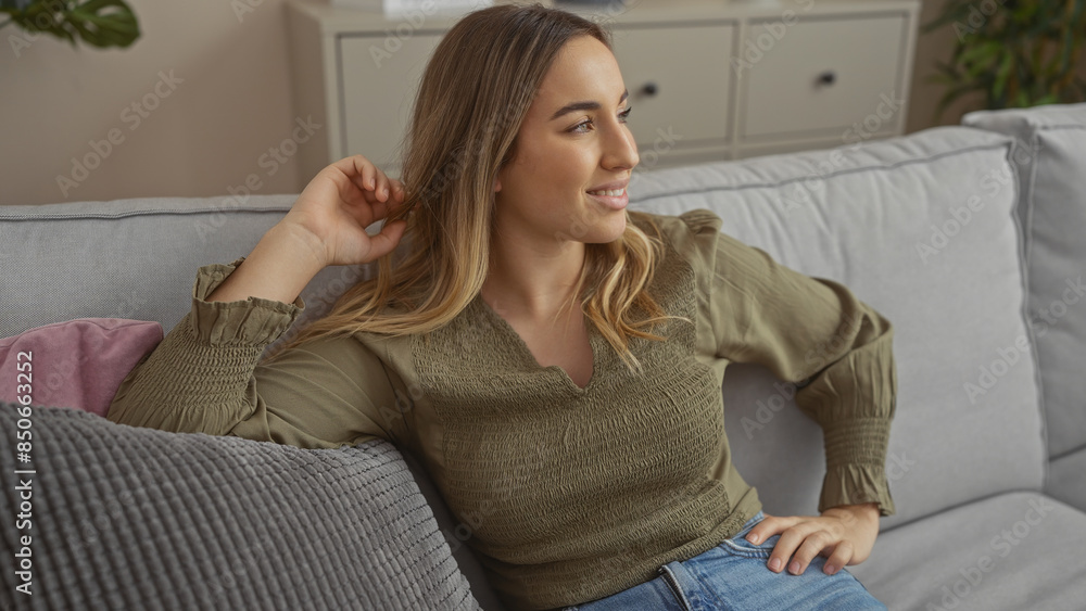 Attractive young woman with blonde hair relaxing on a couch in a contemporary urban living room setting. Attractive young woman with blonde hair relaxing on a couch in a contemporary urban living room setting.