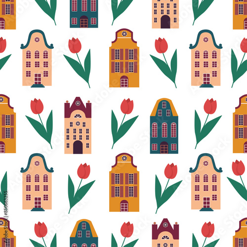 Amsterdam. Seamless pattern with old historic buildings of Netherlands. houses with tulip flowers.