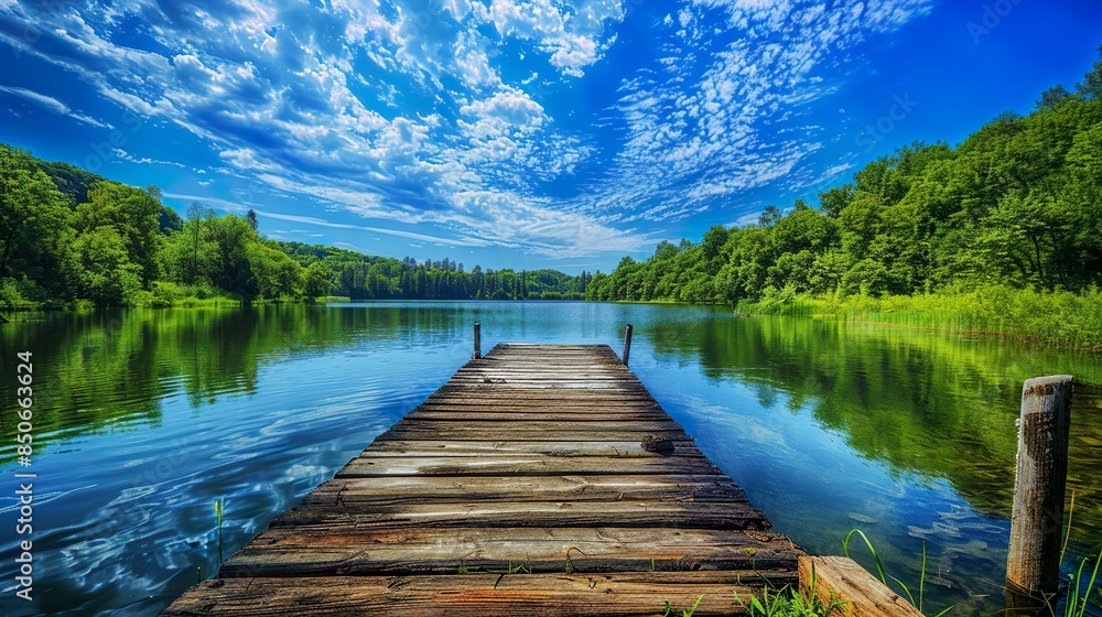 Tranquil Wooden Dock Extending into Scenic Lake Tranquil Wooden Dock Extending into Scenic Lake