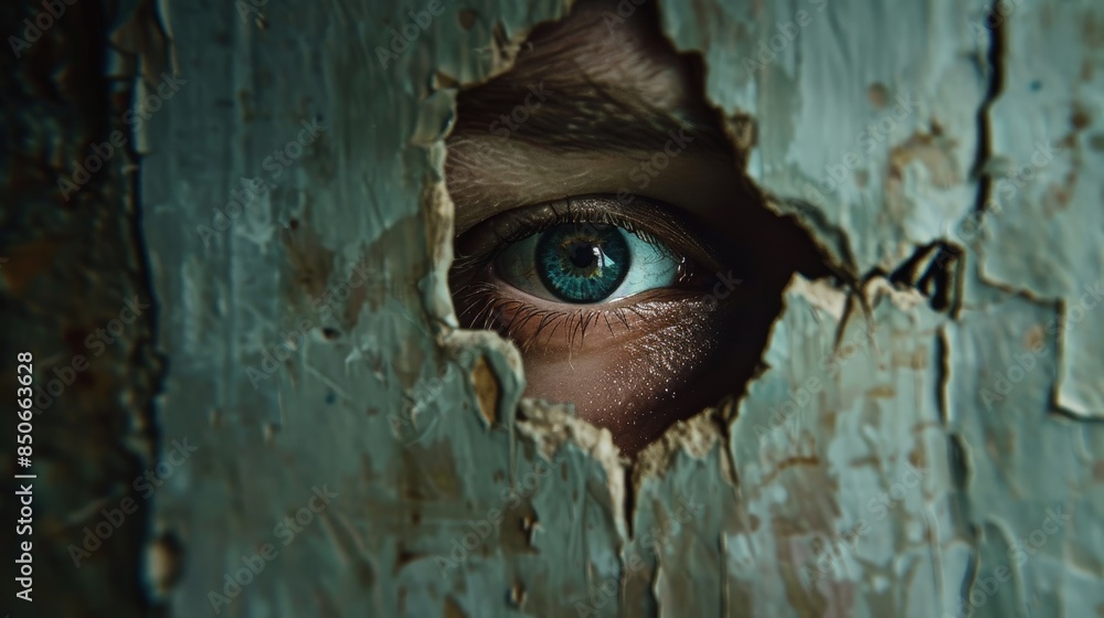 Curiosity and Fear: Intense Close-Up of Eye Peeking Through Door Crack in Suspenseful Documentary Style