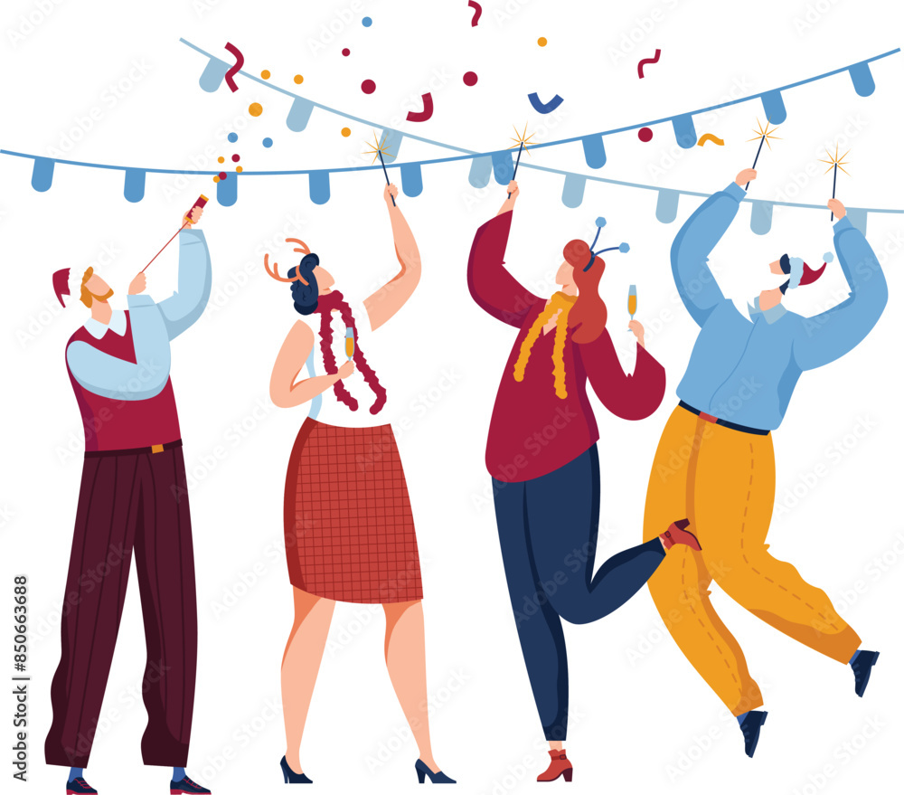 Obraz premium Group people celebrating, holding sparklers, casual party atmosphere. Diverse characters having fun, enjoying celebration, joyful mood. Festive event decorations, confetti, happy young adults