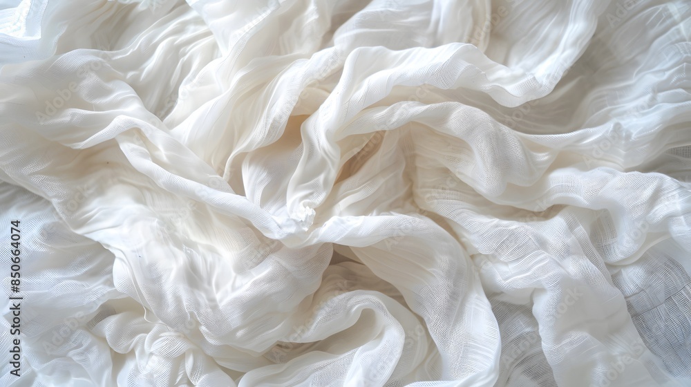 White crumpled linen fabric texture background. Natural off white wavy linen organic eco textiles canvas background. Top view White crumpled linen fabric texture background. Natural off white wavy linen organic eco textiles canvas background. Top view