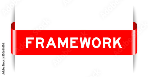Red color inserted label banner with word framework on white background