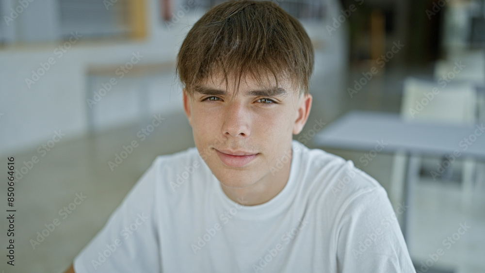 Caucasian teenage boy with blond hair, sitting at a university library table, portrays a young man in an educational setting. Caucasian teenage boy with blond hair, sitting at a university library table, portrays a young man in an educational setting.