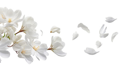 flying white flowers isolated on transparent background cutout