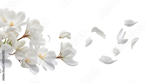 flying white flowers isolated on transparent background cutout