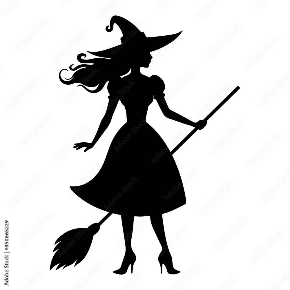 silhouettes witches with broomstick. Mythical characters for Halloween. Magic female in witch hat. Terrifying sticker. Vector illustration outline of scary personage silhouettes witches with broomstick. Mythical characters for Halloween. Magic female in witch hat. Terrifying sticker. Vector illustration outline of scary personage