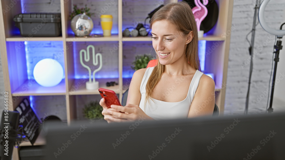 Smiling woman using smartphone in a modern home office with neon lights and gaming setup. Smiling woman using smartphone in a modern home office with neon lights and gaming setup.