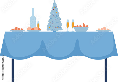Festive table decorated Christmas dinner, blue tablecloth. Dinner setup includes champagne glasses, Christmas tree, plates food, bottle. Holiday celebration, party illustration, banquet table