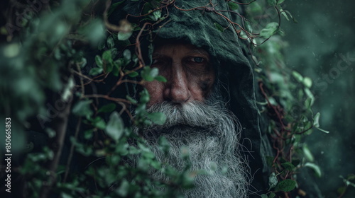 Close-up portrait of elderly man druid, with a long white beard, peering through a curtain of green and brown leaves in a forest