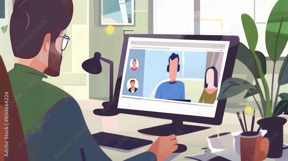 Man Participating in a Video Conference Meeting Man Participating in a Video Conference Meeting