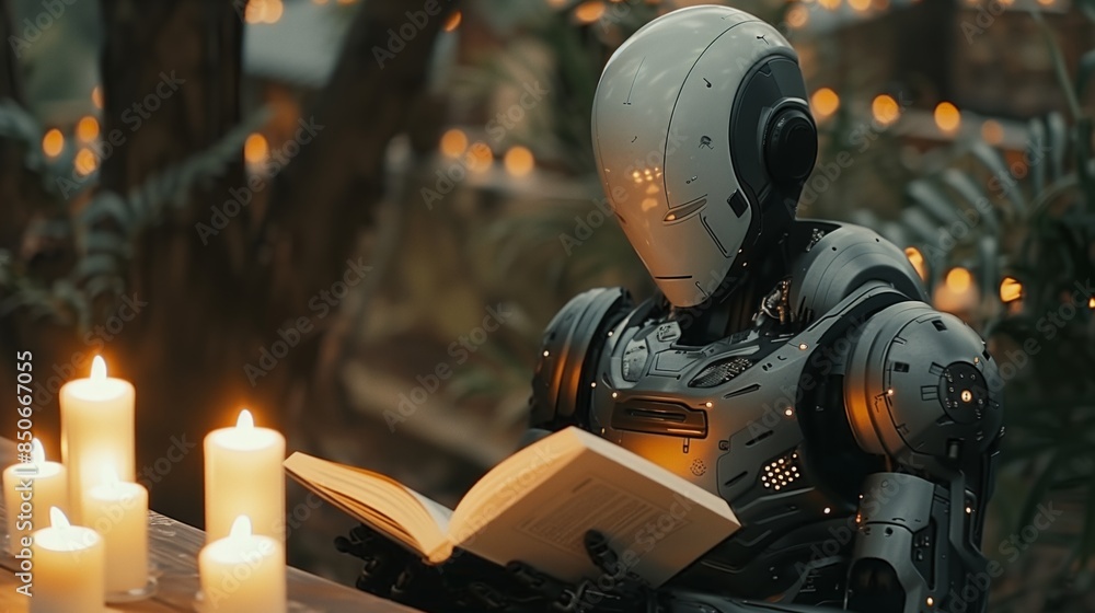Fototapeta premium robot reads books with burning candles .Generative AI